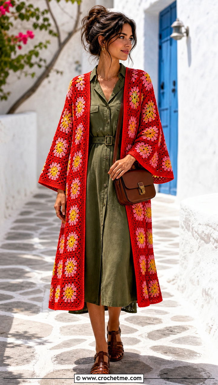 Floral Granny Square Kimono With Utility Dress - 30 granny square kimono outfit ideas