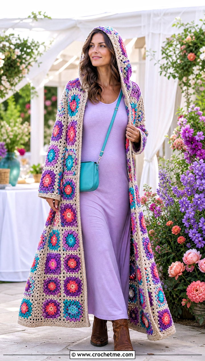 Floral Granny Square Long Hooded Crochet Cape With Maxi Dress - 25 Long Hooded Crochet Cape outfit ideas