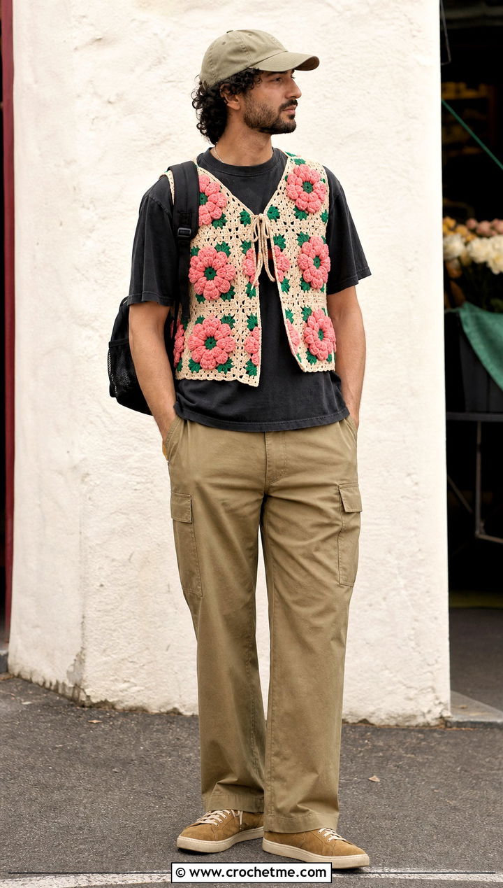Floral Granny Square Mens Vest With Utility Pants - 25 crochet granny square mens vest outfit ideas