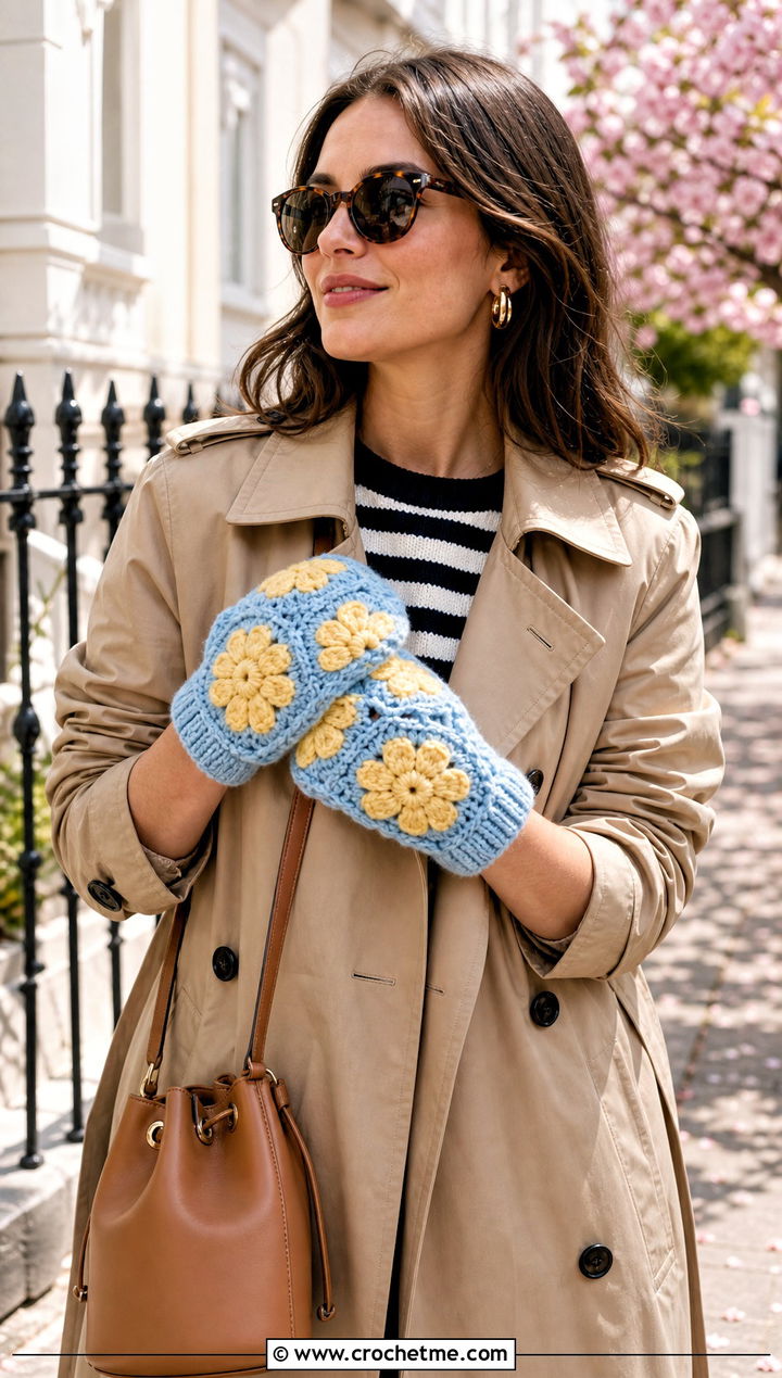 Floral Granny Square Mitts With Trench Coat - 20 Fingerless Granny Square Gloves outfit ideas