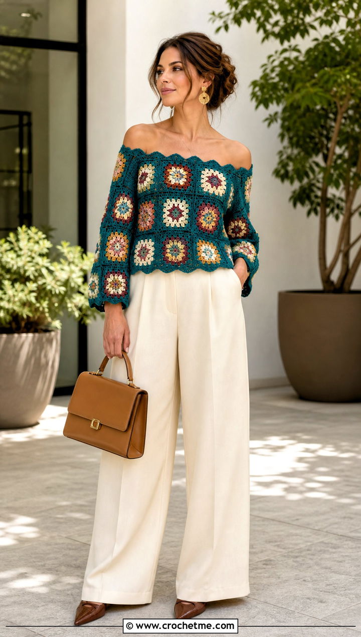 Floral Granny Square Off The Shoulder Top With Wide Leg Trousers - 25 Granny Square Off The Shoulder Top outfit ideas