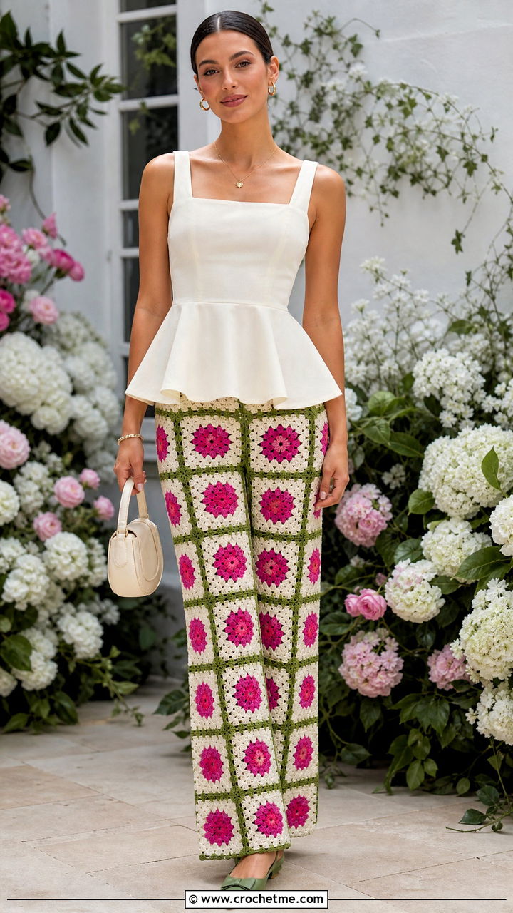 Floral Granny Square Pants With Peplum Top - 35 granny square pants outfit ideas