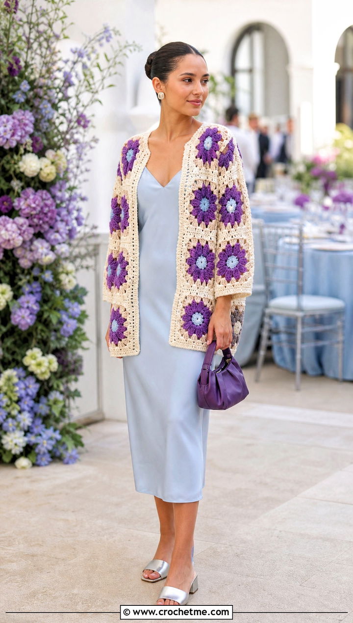 Floral Granny Square Patchwork Crochet Cardigan With Slip Dress - 15 harry styles patchwork crochet cardigan outfit ideas