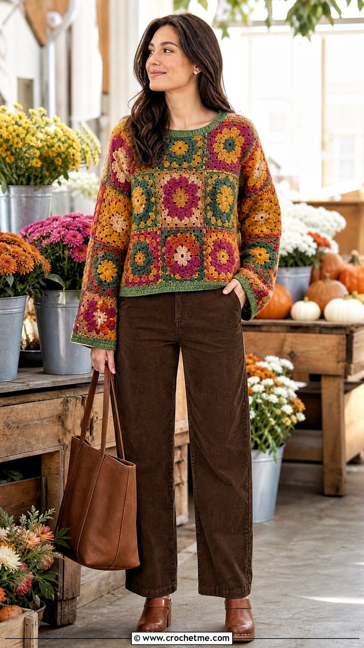 Floral Granny Square Patchwork Crochet Sweater With Corduroy Pants - 35 patchwork crochet sweater outfit ideas