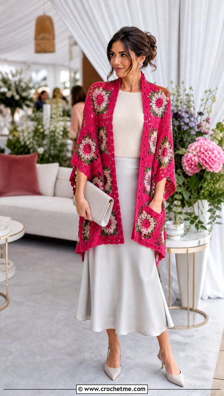 Floral Granny Square Pocket Shawl With Satin Midi Skirt - 20 Granny Square Pocket Shawl outfit ideas