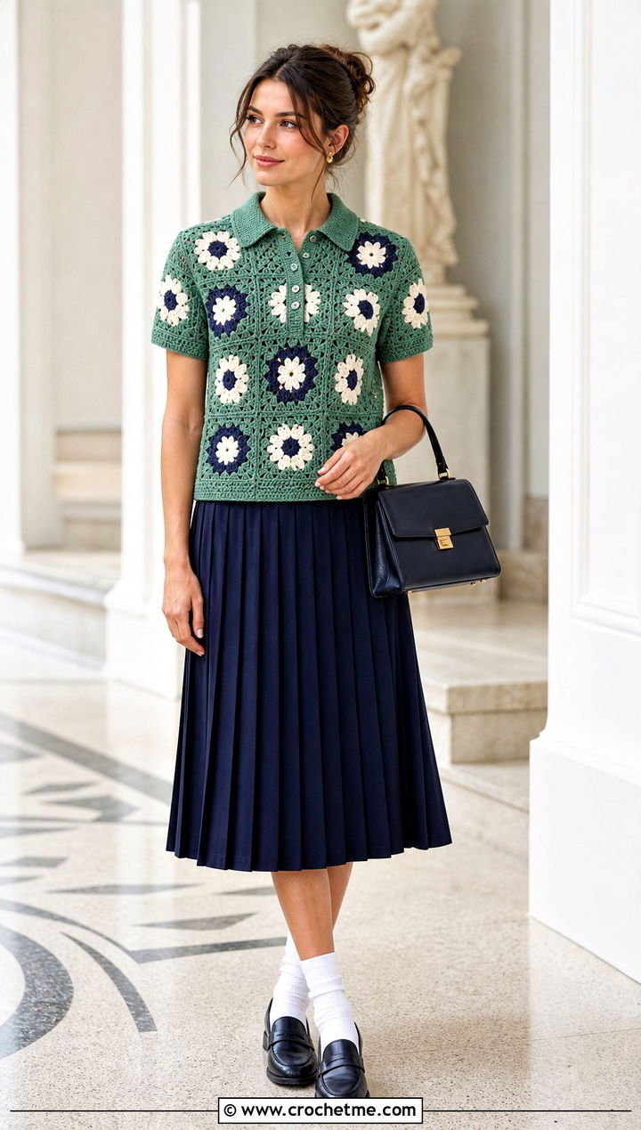 Floral Granny Square Polo With Pleated Midi Skirt - 35 Granny Square Outfit ideas