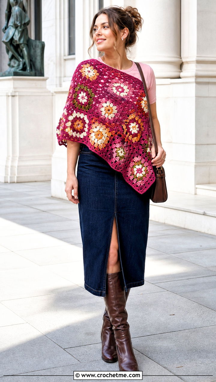 Floral Granny Square Poncho With Denim Midi Skirt - 15 easy granny square poncho outfit ideas
