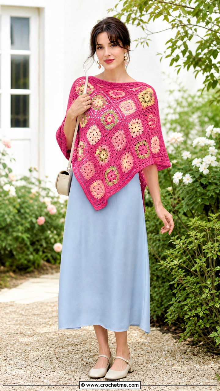 Floral Granny Square Poncho With Slip Dress - 35 crochet granny square poncho outfit ideas