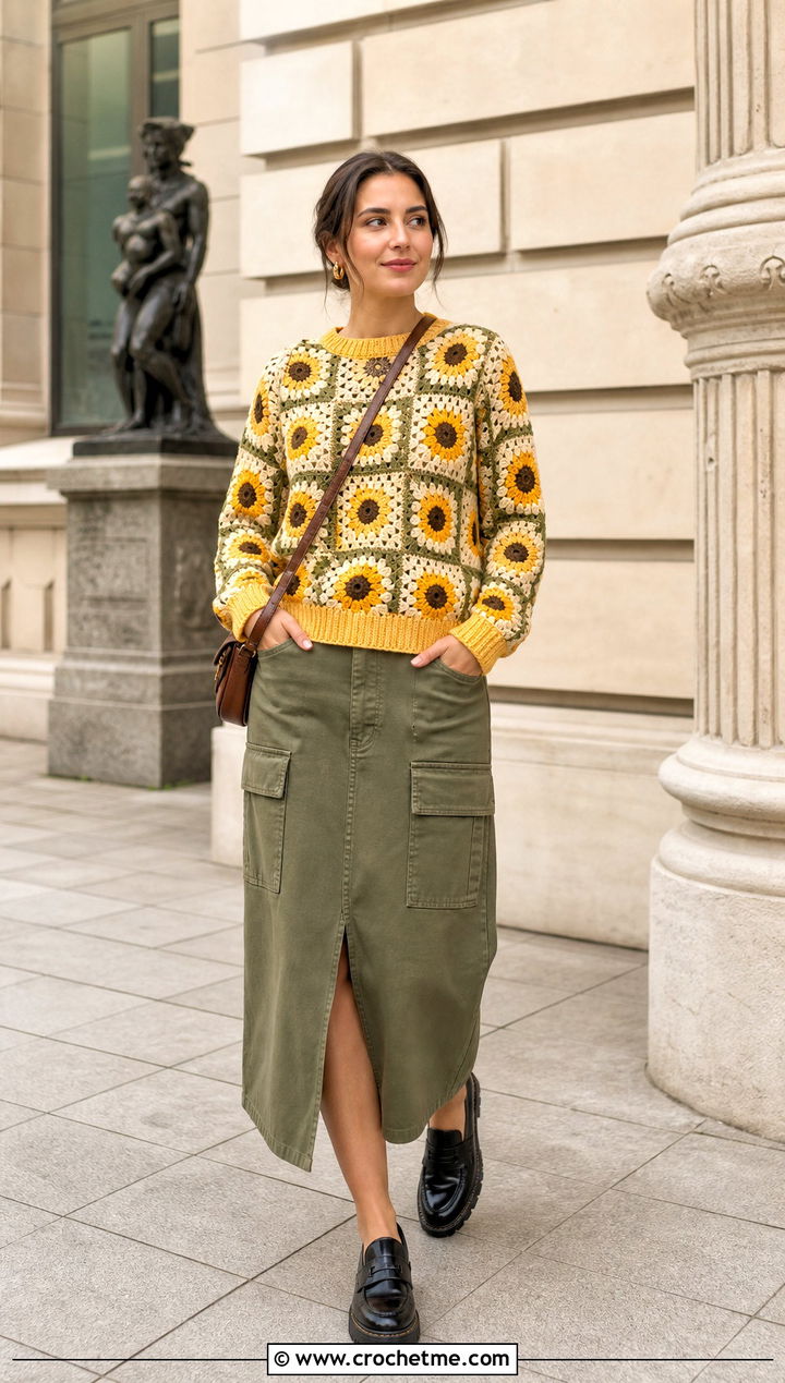 Floral Granny Square Pullover Sweater With Utility Skirt - 25 crochet granny square pullover sweater outfit ideas