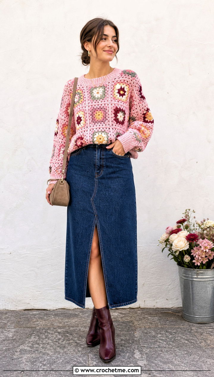 Floral Granny Square Pullover With Denim Midi Skirt - 15 love my granny crochet pullover outfit ideas