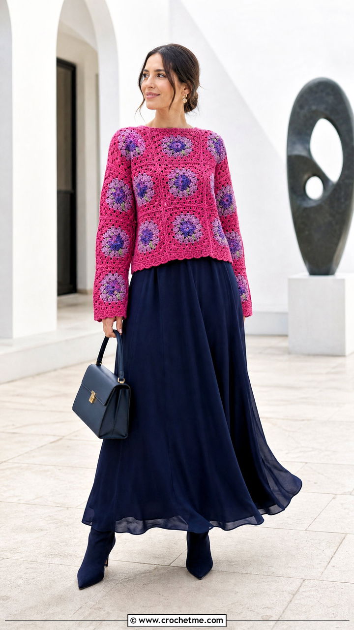 Floral Granny Square Pullover With Maxi Skirt - 35 crochet granny square pullover outfit ideas