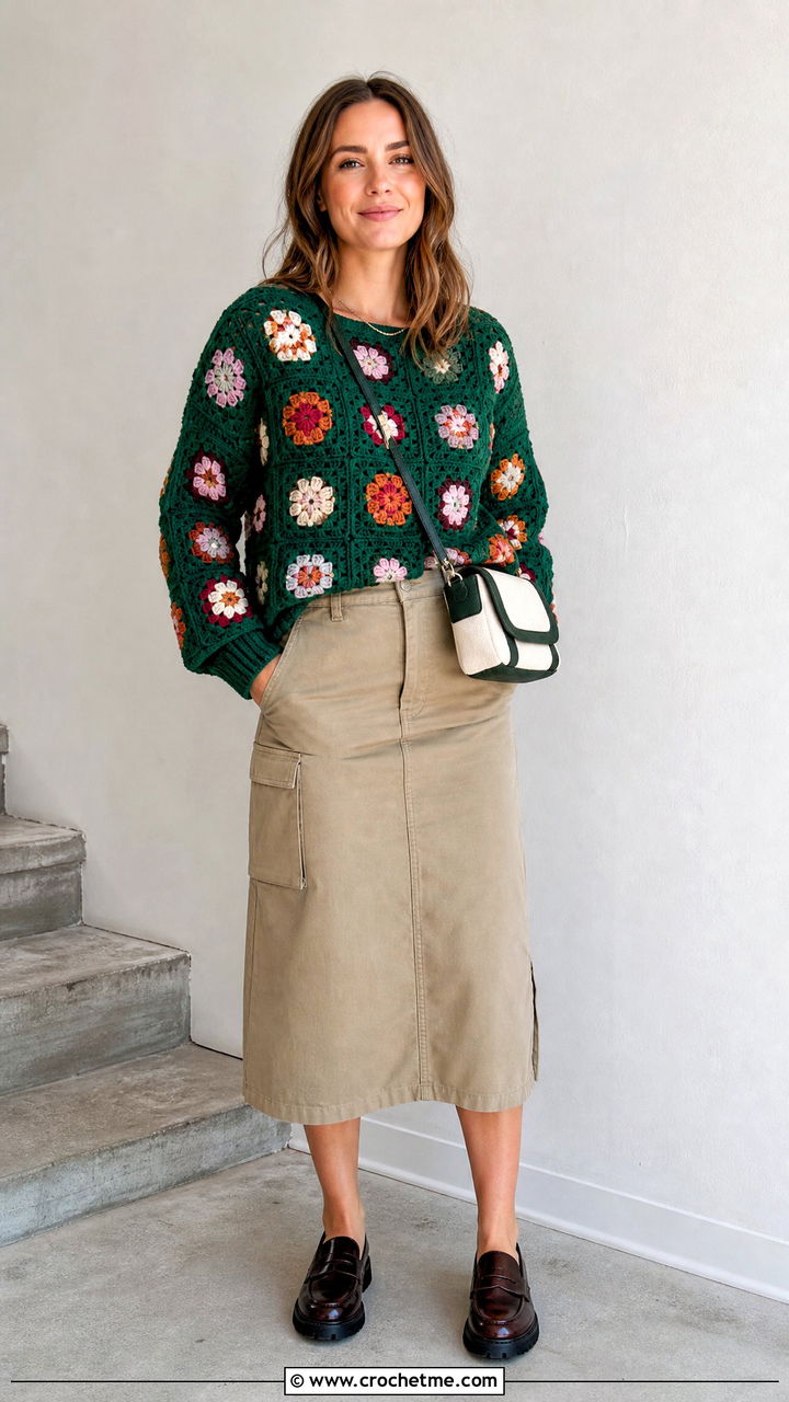 Floral Granny Square Pullover With Utility Skirt - 35 granny square pullover outfit ideas