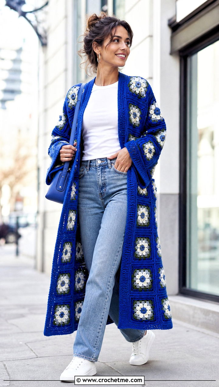 Floral Granny Square Robe With Jeans - 20 granny square robe outfit ideas