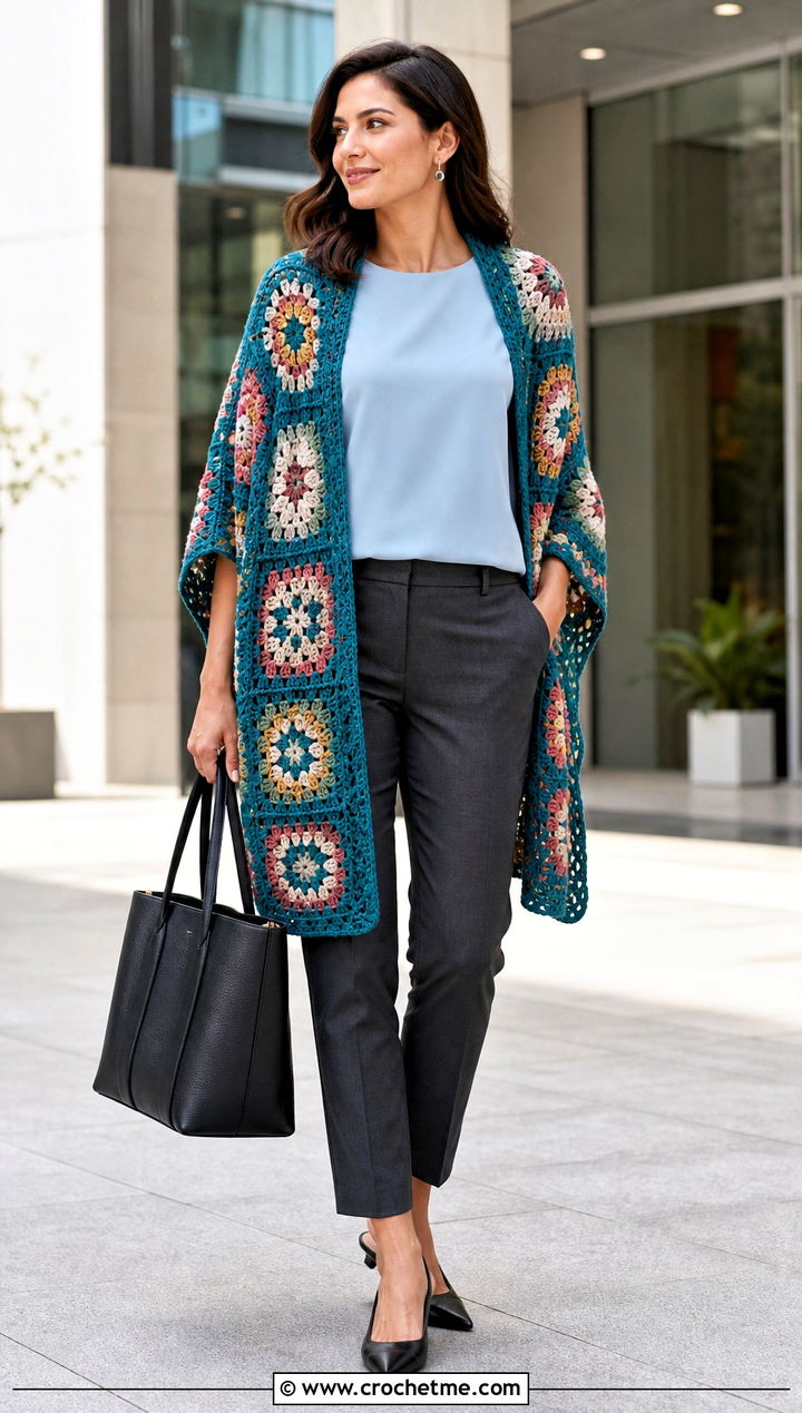 Floral Granny Square Ruana With Tailored Trousers - 30 granny square wrap outfit ideas