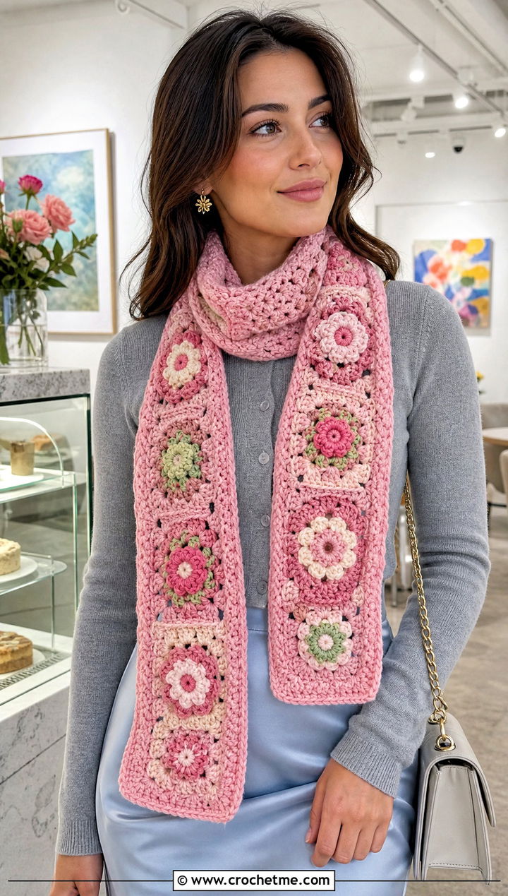 Floral Granny Square Scarf With Cardigan And Satin Skirt - 30 crochet scarf squares outfit ideas