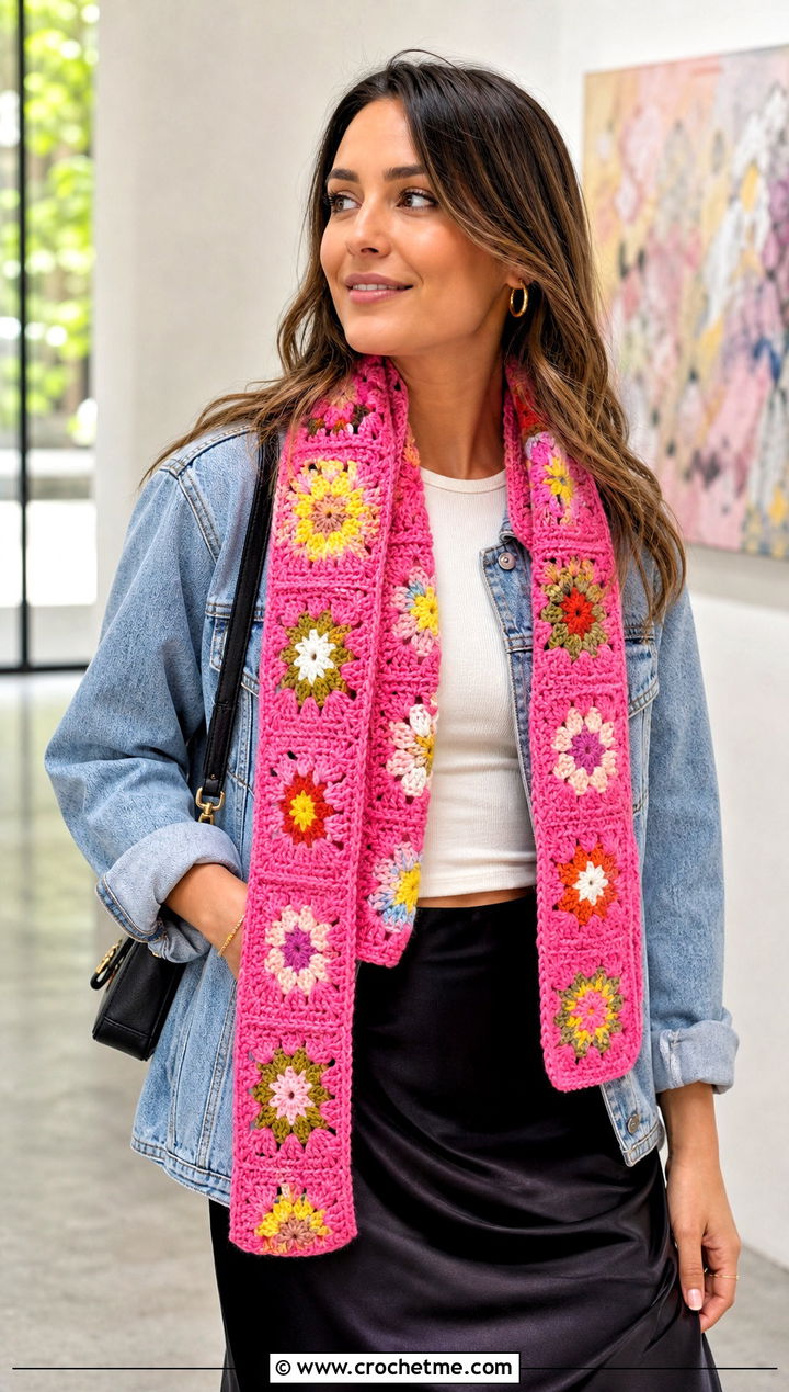 Floral Granny Square Scarf With Denim Jacket and Midi Skirt - 25 granny square scarves outfit ideas
