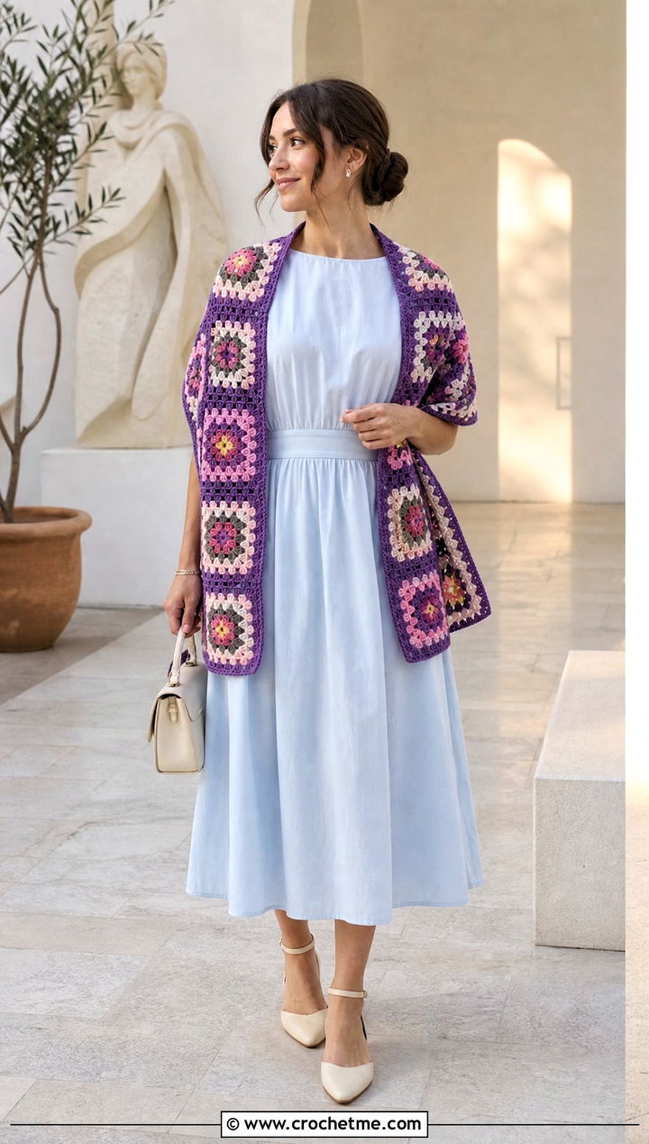Floral Granny Square Scarf With Midi Dress - 35 granny crochet scarf outfit ideas