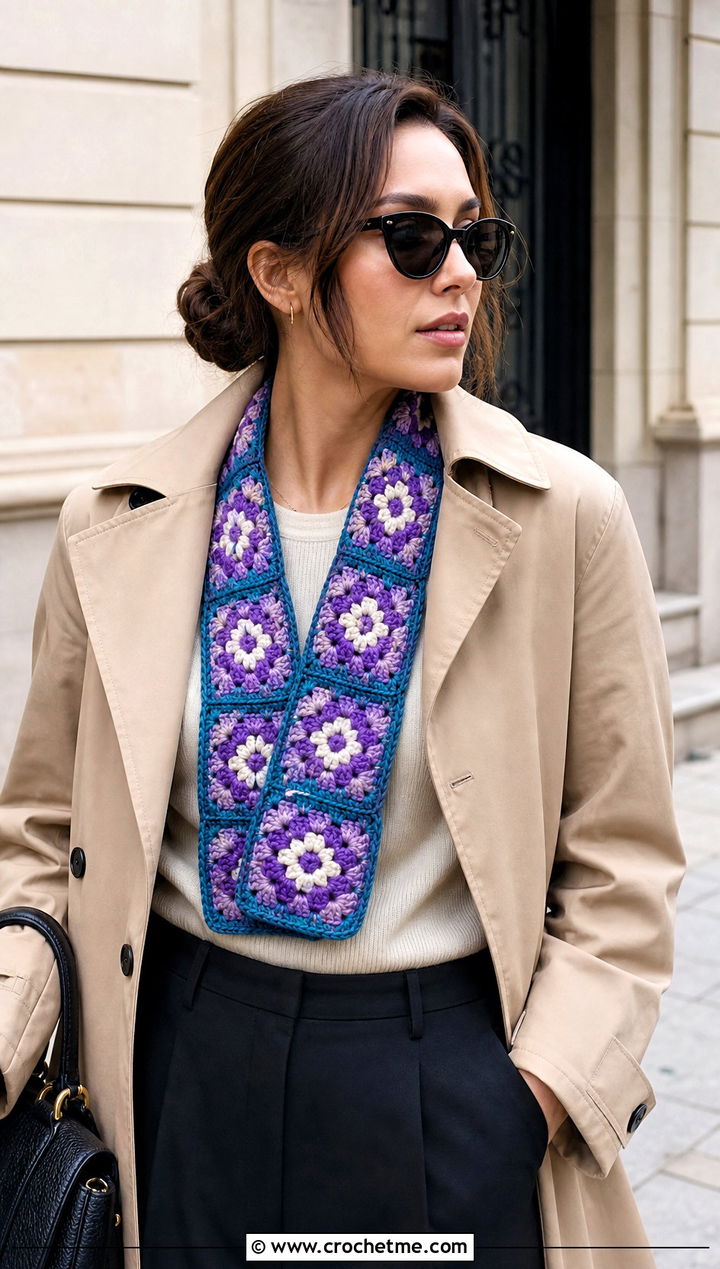 Floral Granny Square Scarf With Trench Coat And Trousers - 30 crochet granny square scarf outfit ideas
