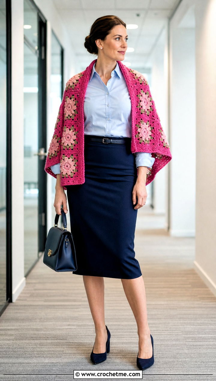 Floral Granny Square Shawl With Button Down Shirt And Pencil Skirt - 35 granny square shawl outfit ideas