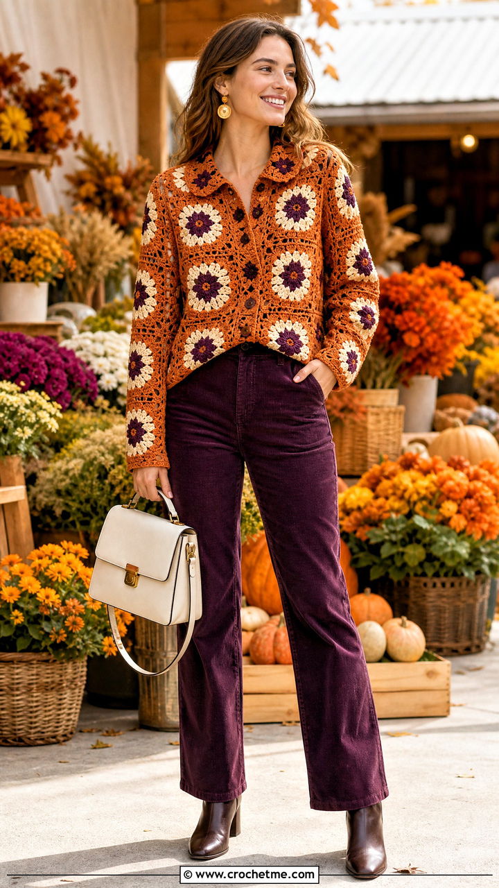 Floral Granny Square Shirt With Corduroy Trousers - 35 granny square shirt outfit ideas