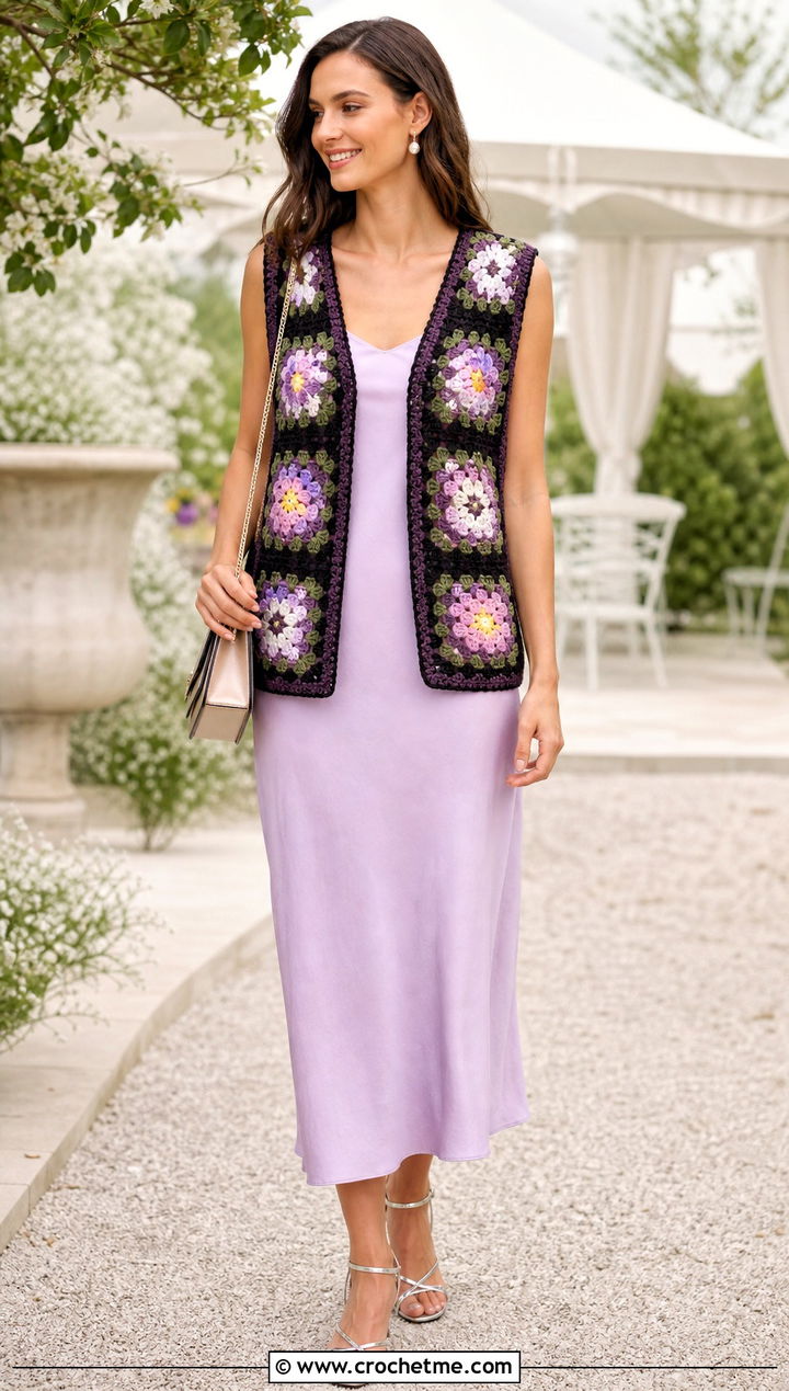 Floral Granny Square Sleeveless Cardigan With Slip Dress - 30 granny square sleeveless cardigan outfit ideas
