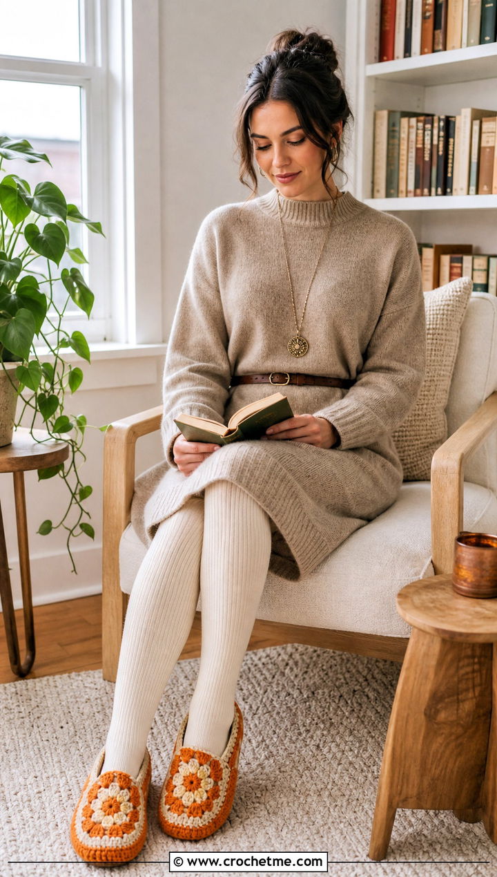 Floral Granny Square Slippers With a Sweater Dress - 20 Easy Granny Square Crochet Slippers outfit ideas