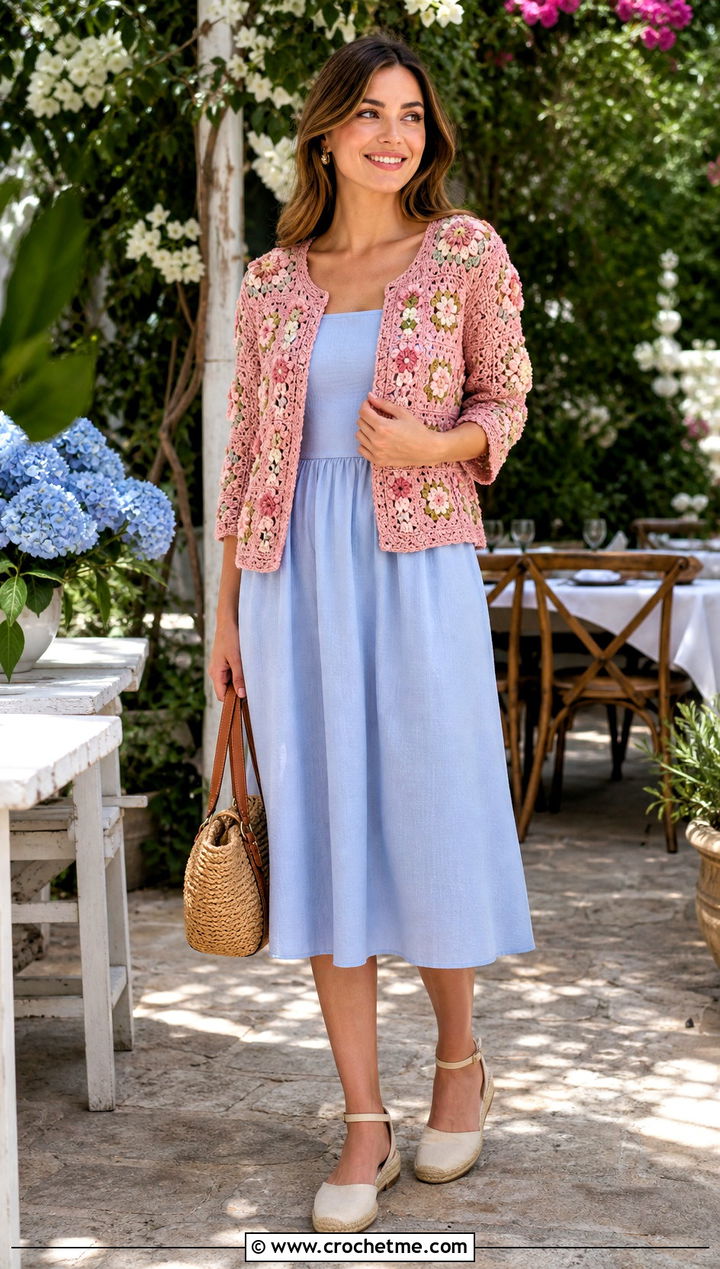 Floral Granny Square Summer Cardigan With Cotton Sundress - 30 granny square summer cardigan outfit ideas