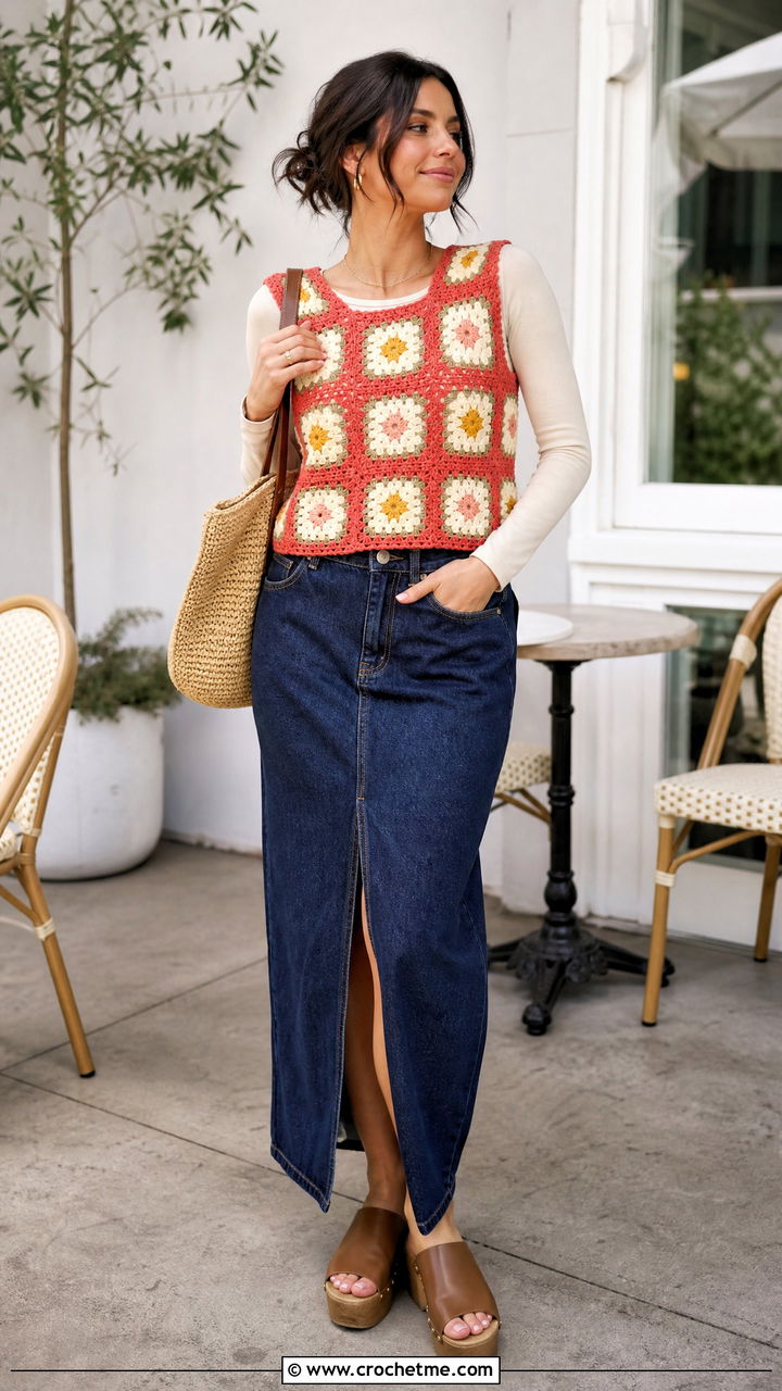 Floral Granny Square Sweater Vest With Denim Maxi Skirt - 35 granny square sweater vest outfit ideas