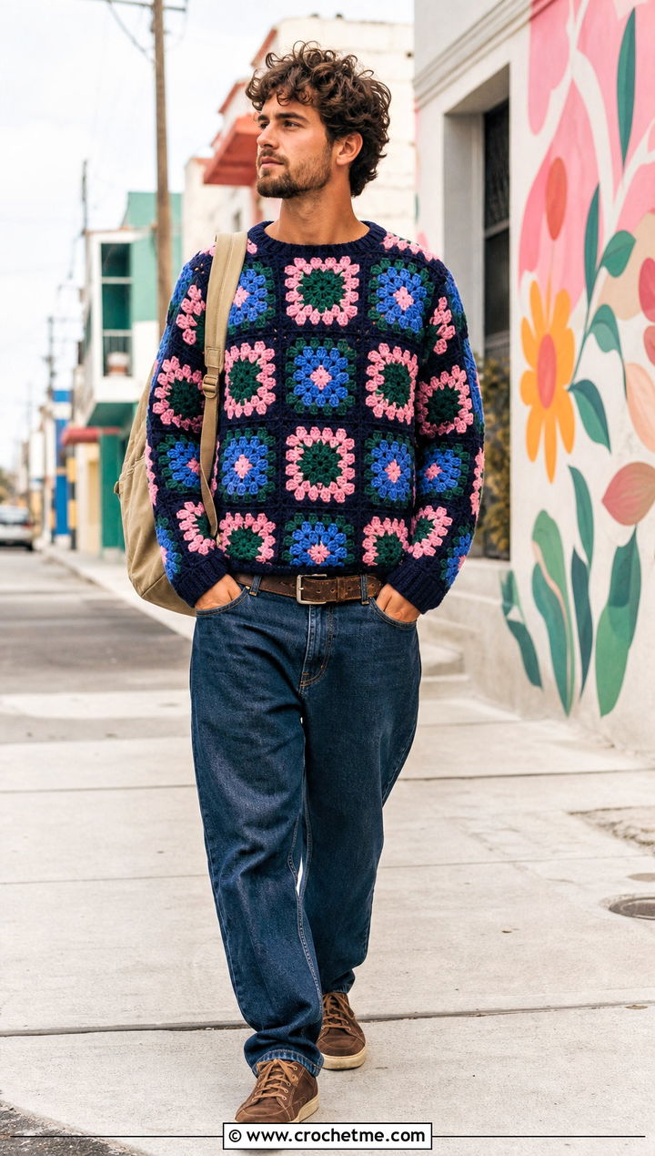 Floral Granny Square Sweater With Relaxed Denim - 25 Crochet Granny Square Sweater For Men outfit ideas