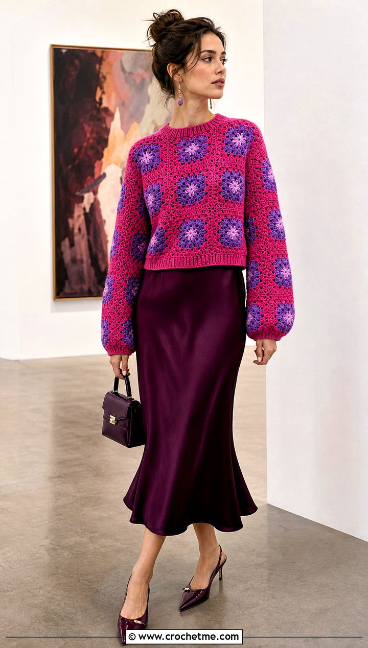 Floral Granny Square Sweater With Satin Midi Skirt - 25 Granny Squares Sweater outfit ideas