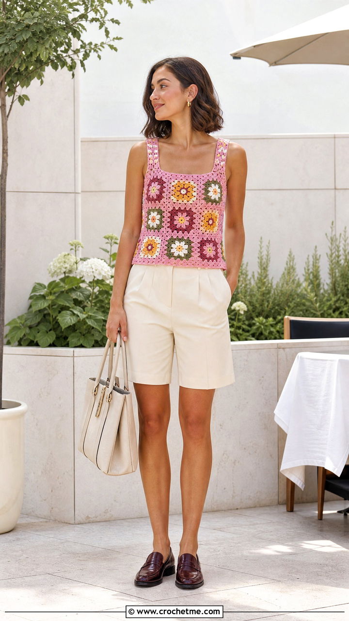 Floral Granny Square Tank Top With Bermuda Shorts - 35 granny square tank top outfit ideas