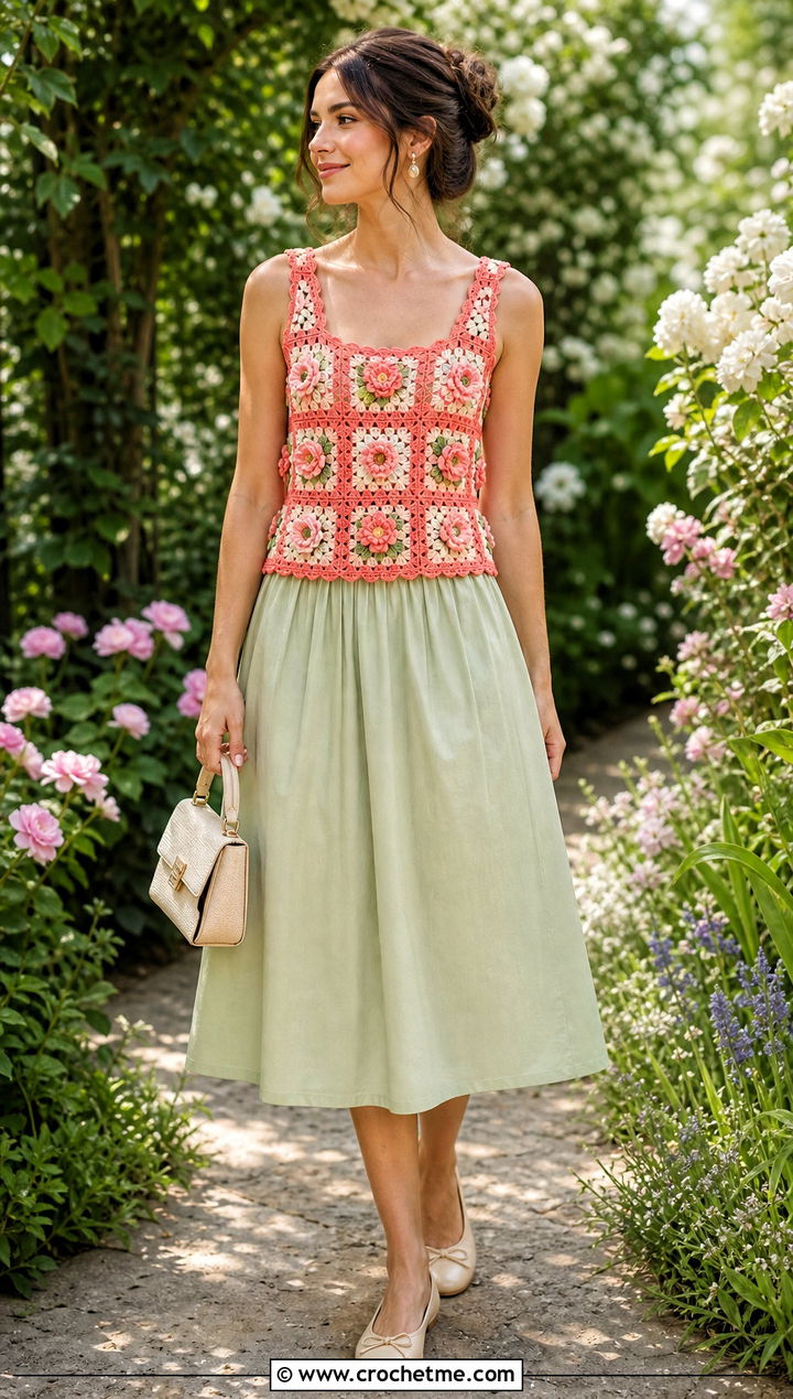 Floral Granny Square Tank Top With Cotton Midi Skirt - 25 crochet granny tank top outfit ideas