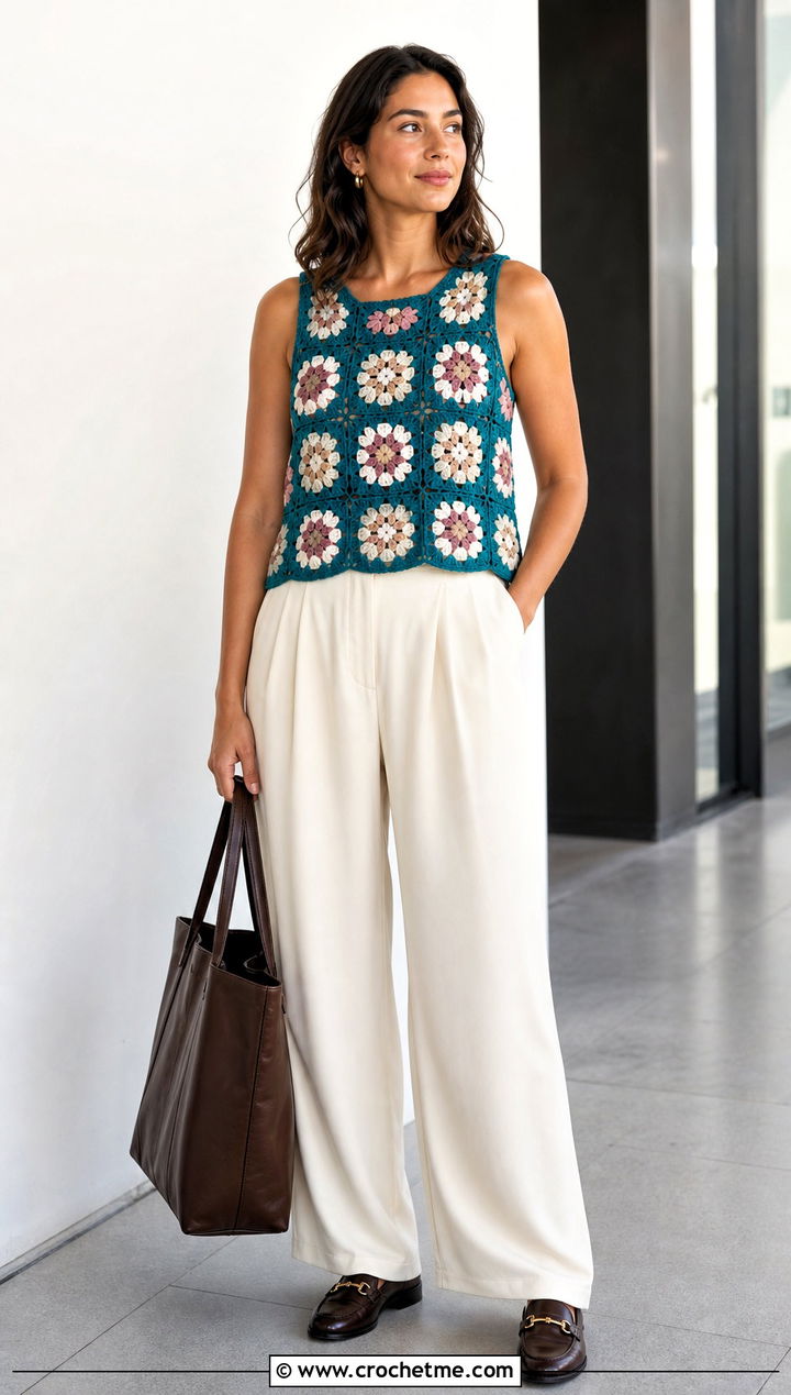 Floral Granny Square Tank Top With Tailored Trousers - 25 Crochet Granny Square Tank Top outfit ideas