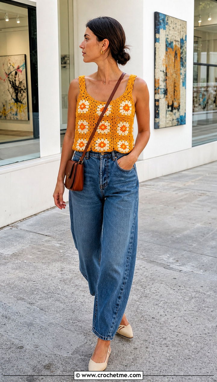 Floral Granny Square Tank With Barrel Leg Jeans - 35 granny square tank outfit ideas