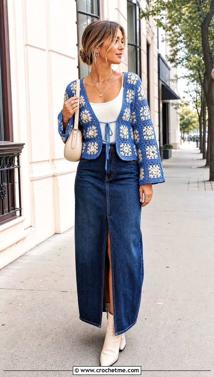 Floral Granny Square Tie Cardigan With Denim Maxi Skirt - 25 Granny Square Tie Cardigan outfit ideas