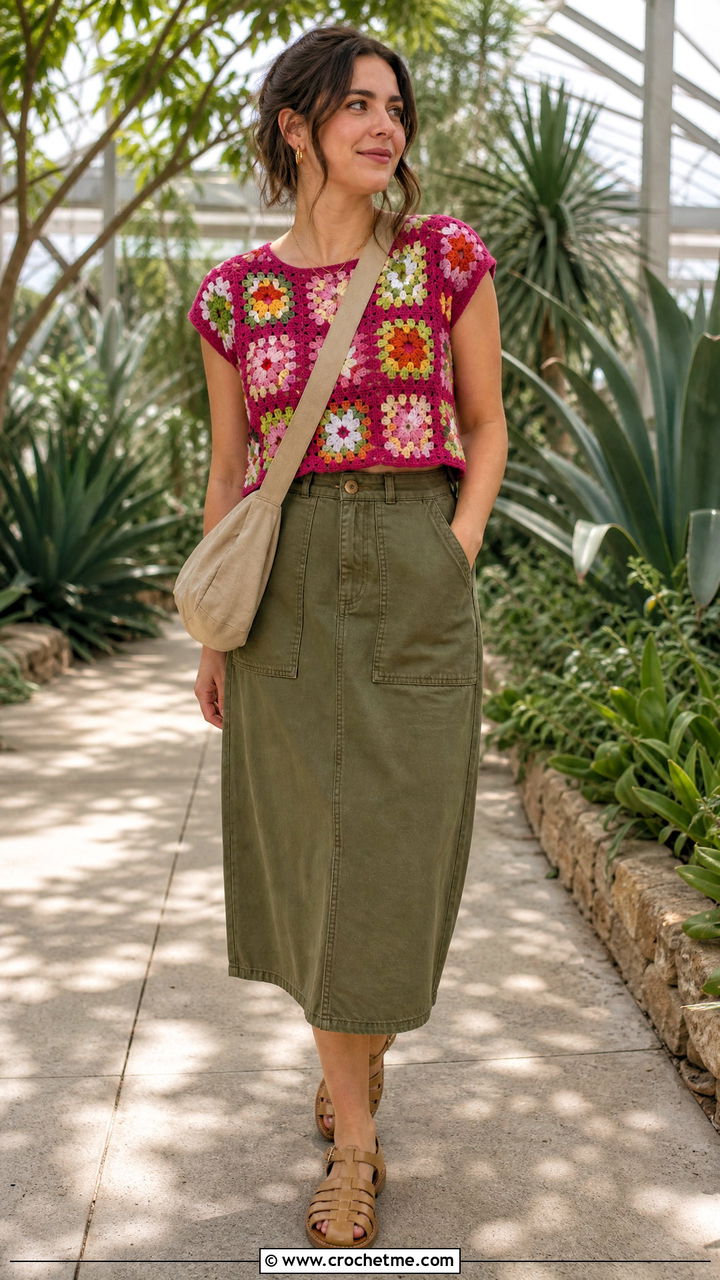 Floral Granny Square Top With Utility Skirt - 35 crochet granny square top outfit ideas