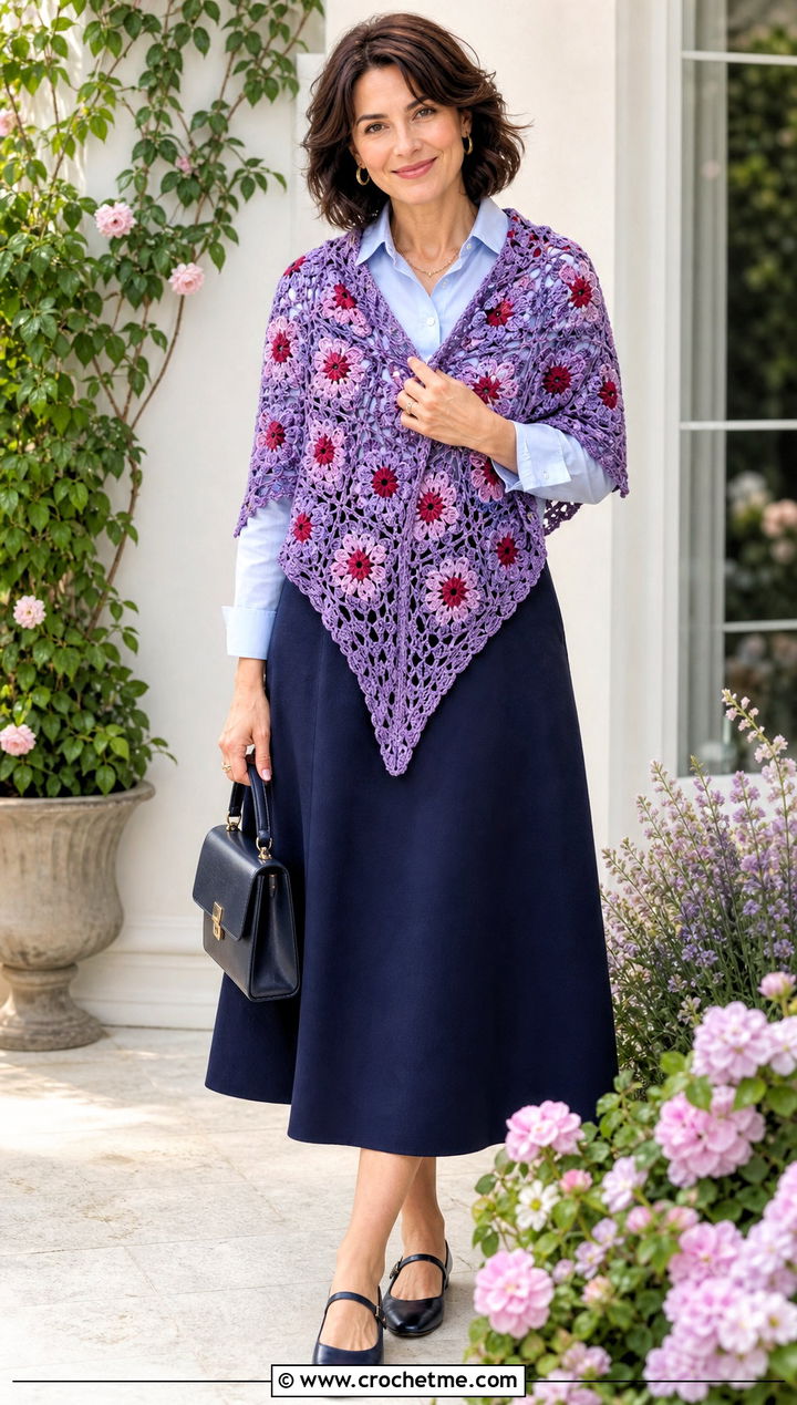 Floral Granny Square Triangle Shawl With Midi Skirt - 30 granny square triangle shawl outfit ideas