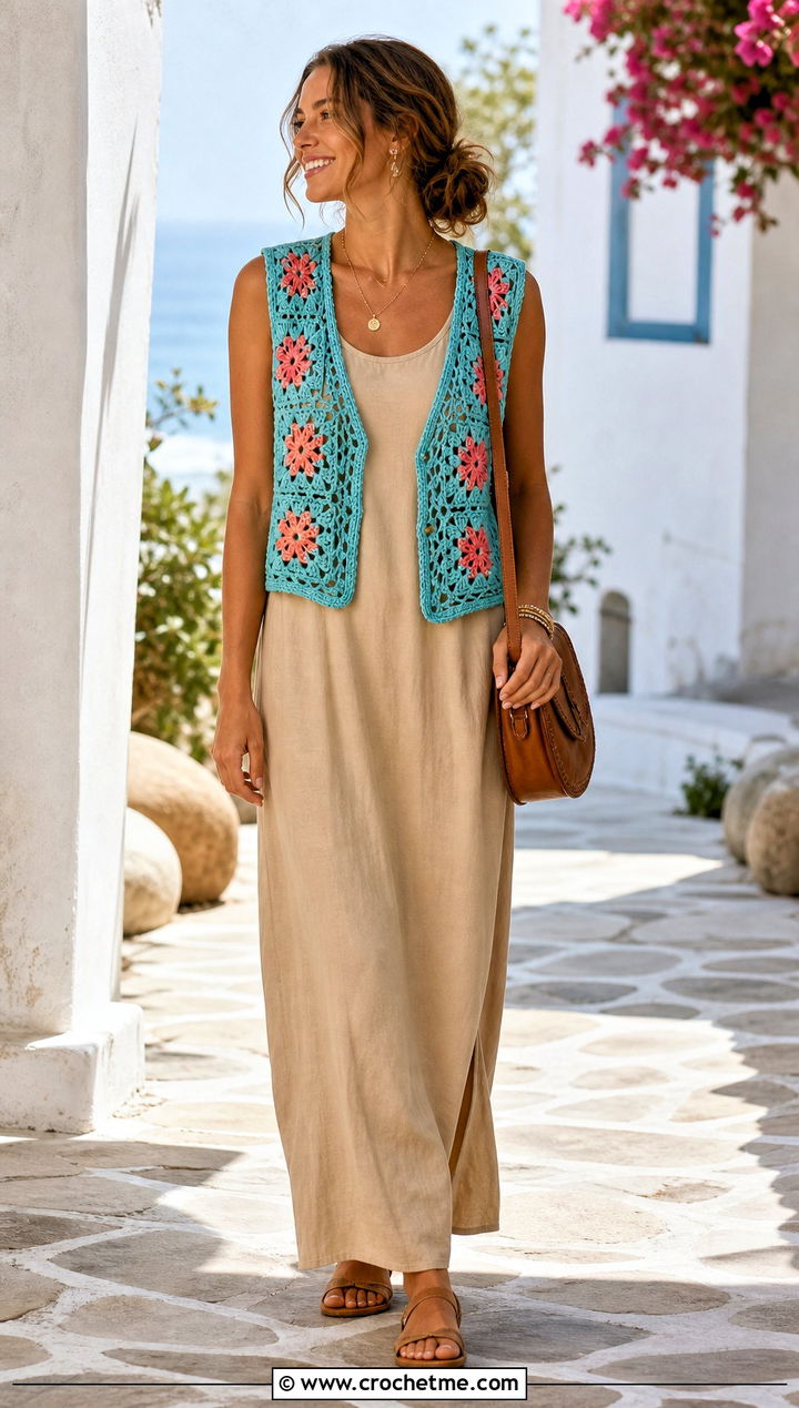 Floral Granny Square Vest With A Solid Maxi Dress - 15 Crochet Granny Square Vest outfit ideas