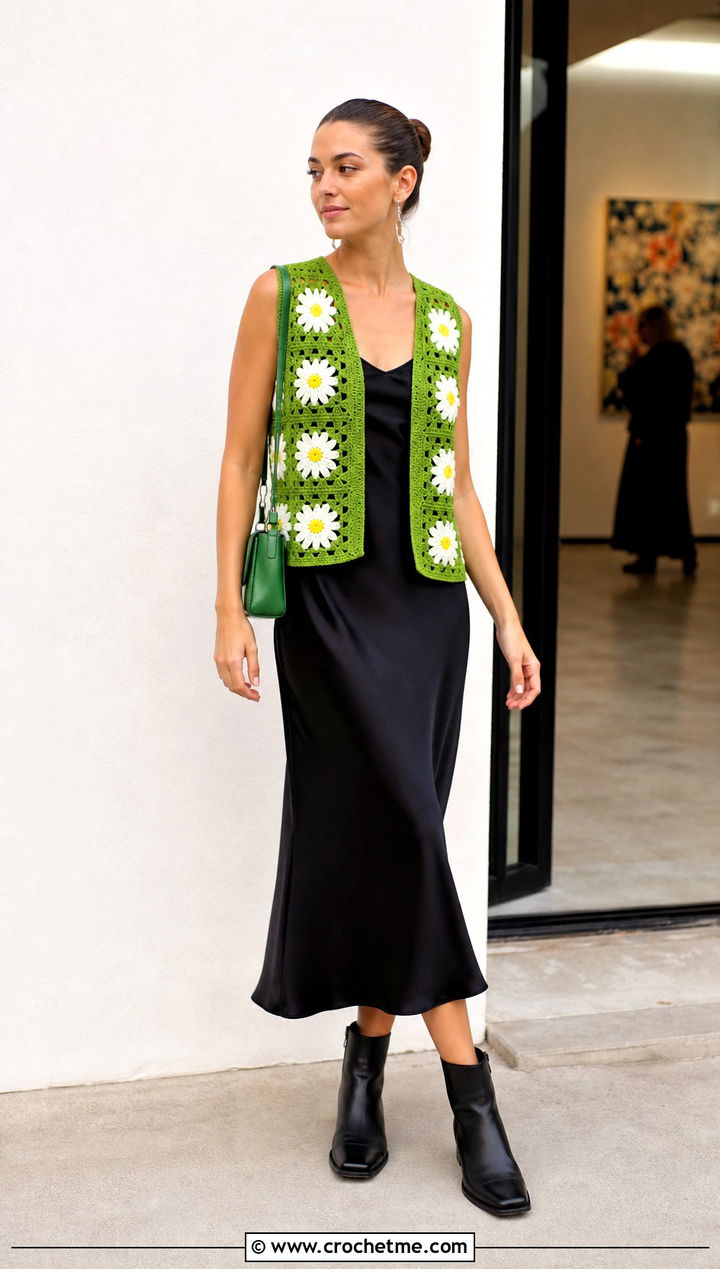 Floral Granny Square Vest With Slip Dress - 25 Granny Squares Vest outfit ideas