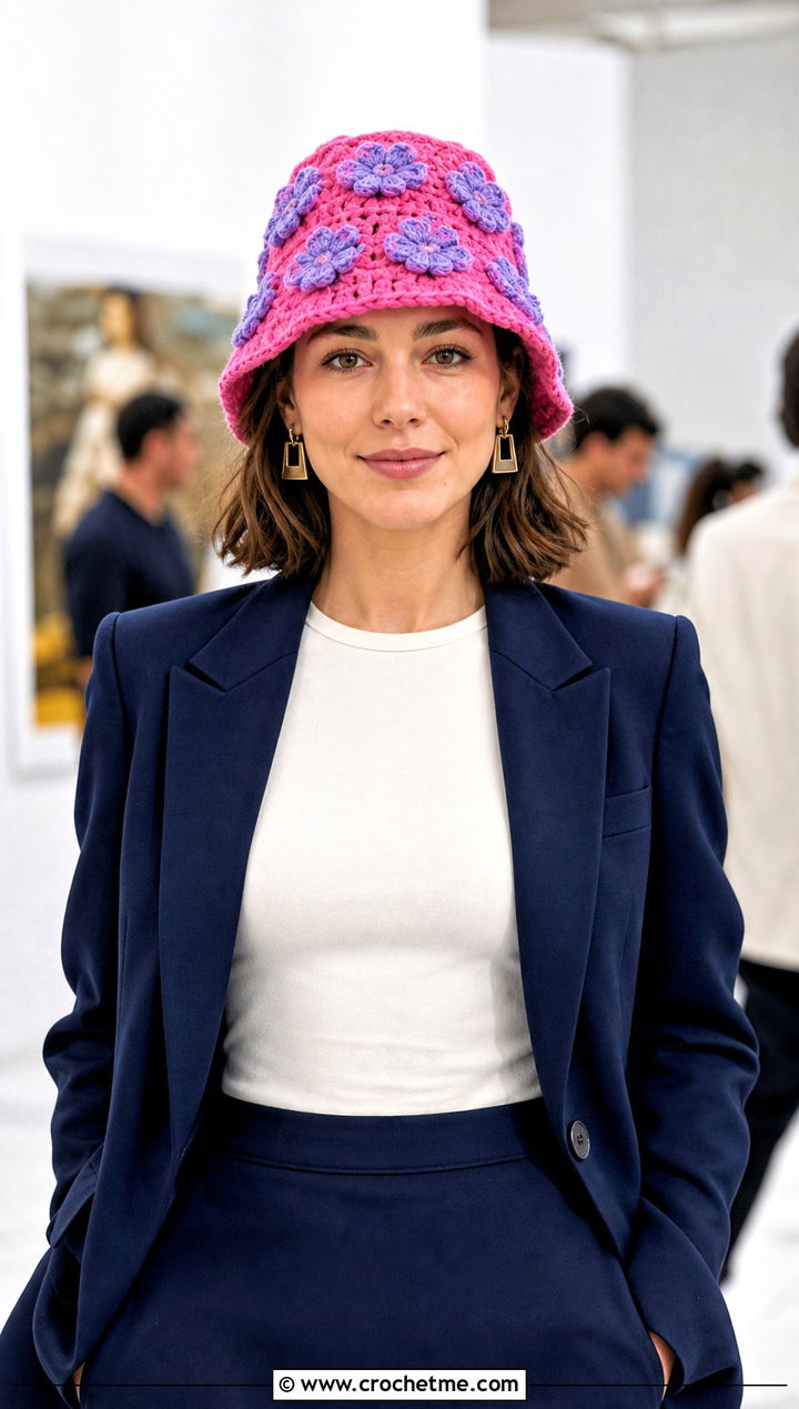 Floral Granny Stitch Hat With Blazer And Column Skirt - 30 crochet granny stitch hat outfit ideas