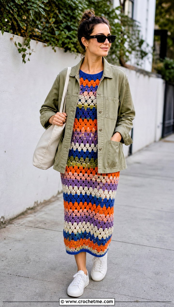 Floral Granny Stripe Crochet Dress With Sneakers - 15 vintage floral crochet dress outfit ideas