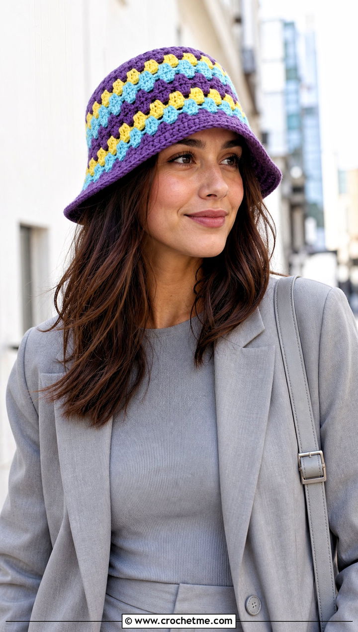 Floral Granny Stripe Hat With Monochrome Outfit - 30 crochet flower hat outfit ideas