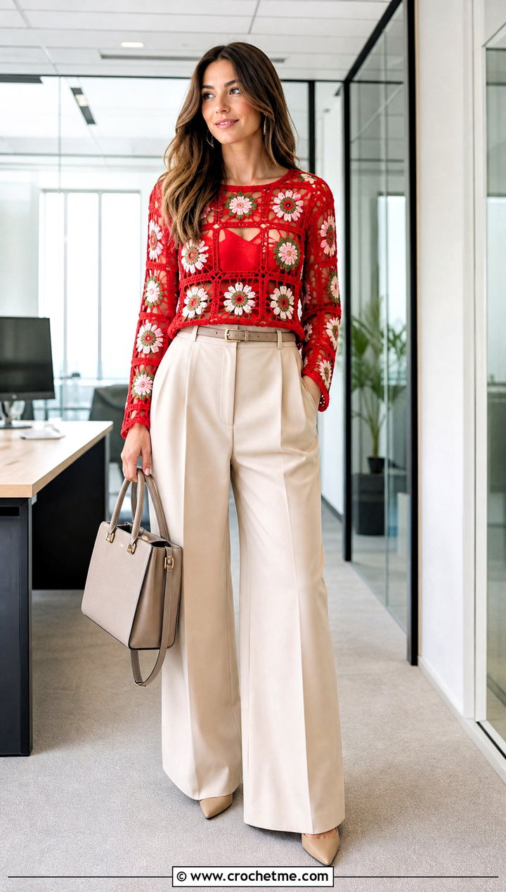 Floral Grid Crochet Sweater With Pleated Trousers - 15 grid crochet sweater design outfit ideas