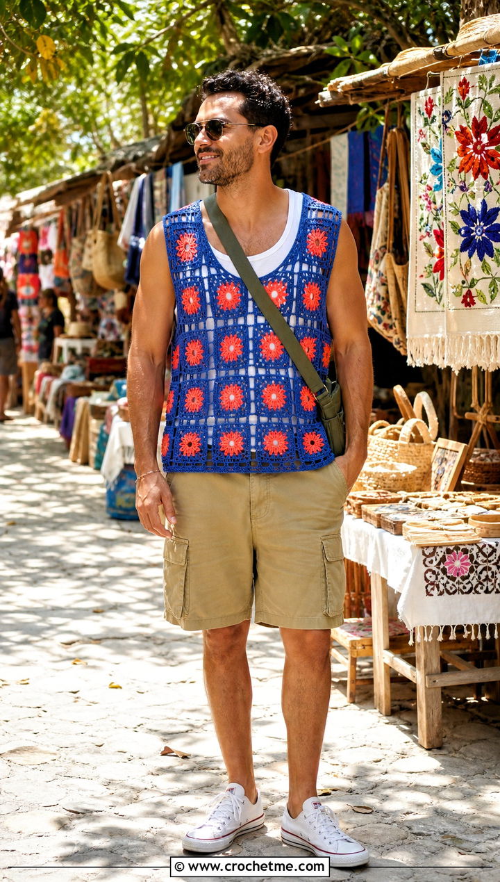 Floral Grid Crochet Vest With Utility Shorts - 30 men's crochet vest outfit ideas