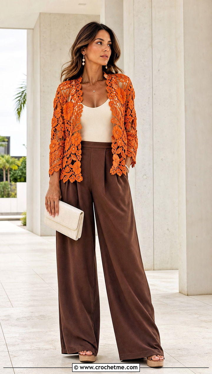 Floral Guipure Irish Crochet Cardigan With Wide Leg Pants - 25 Irish Crochet Cardigan outfit ideas