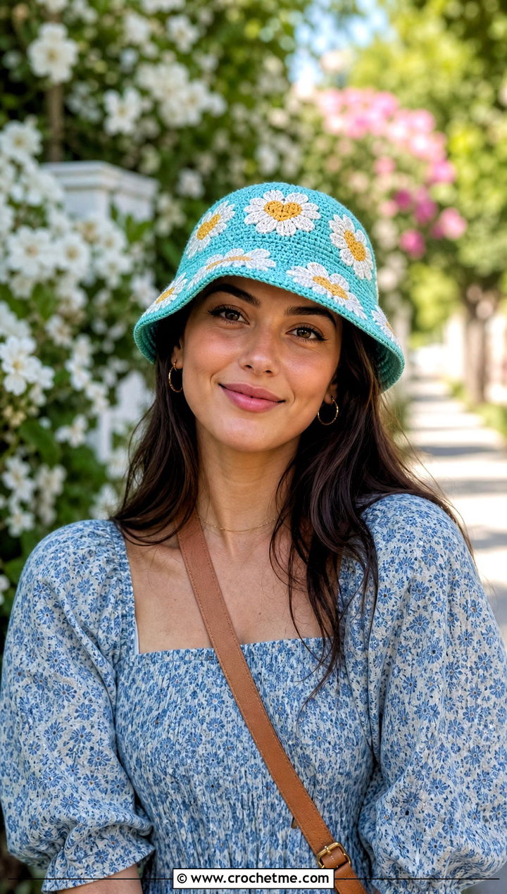 Floral Heart Bucket Hat With Prairie Dress And Ankle Boots - 25 crochet heart bucket hat outfit ideas