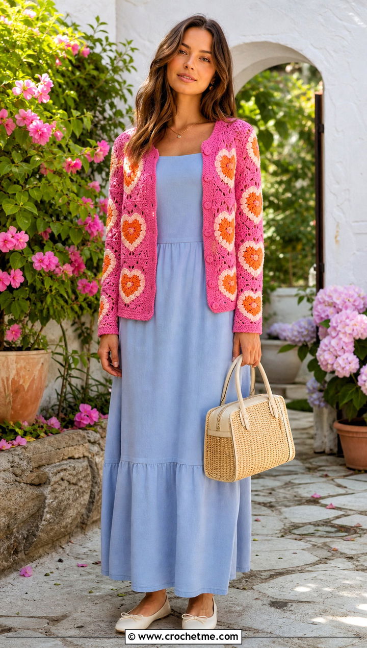 Floral Heart Cardigan With Maxi Dress - 35 crochet heart cardigan outfit ideas