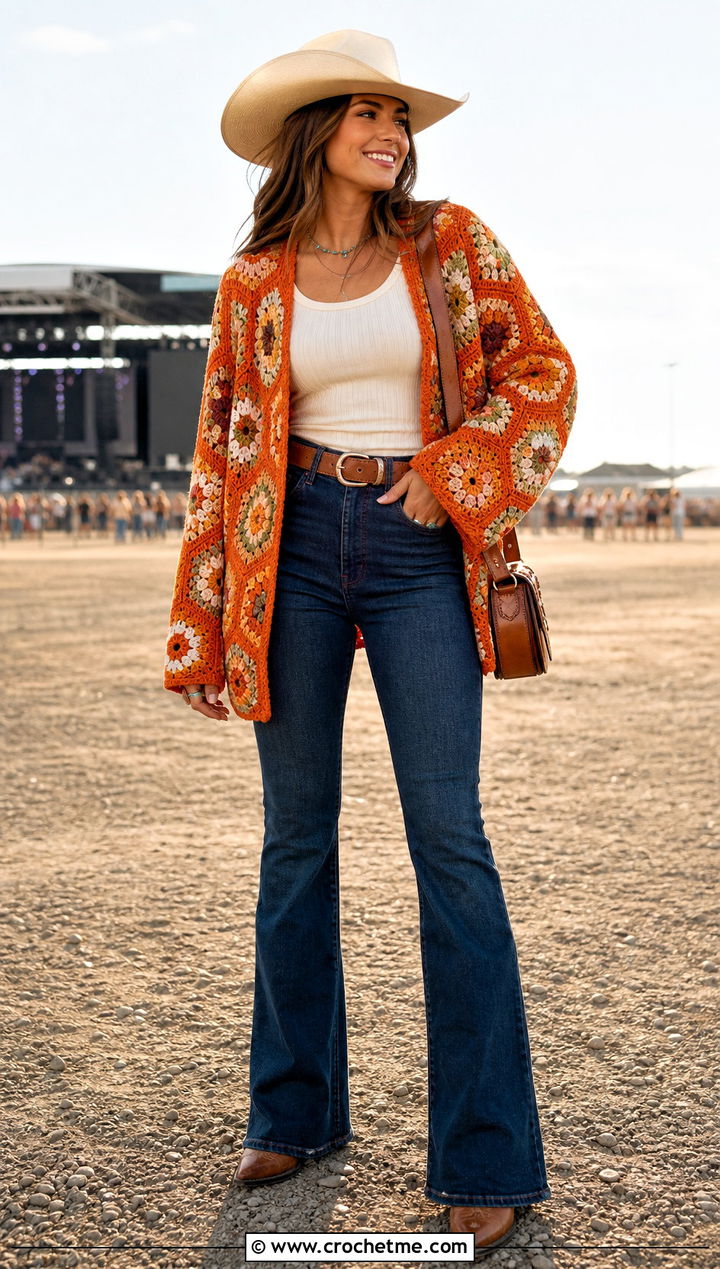 Floral Hexagon Crochet Cardigan With Western Jeans - 25 Flower Crochet Cardigan outfit ideas