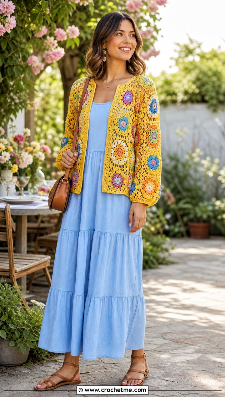 Floral Hexi Crochet Cardigan With Tiered Maxi Dress - 35 hexi crochet cardigan outfit ideas