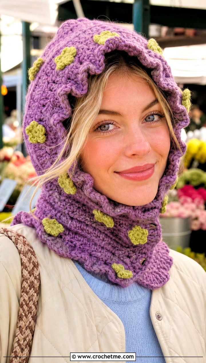 Floral Hooded Crochet Balaclava With Quilted Jacket - 30 hooded crochet balaclava outfit ideas
